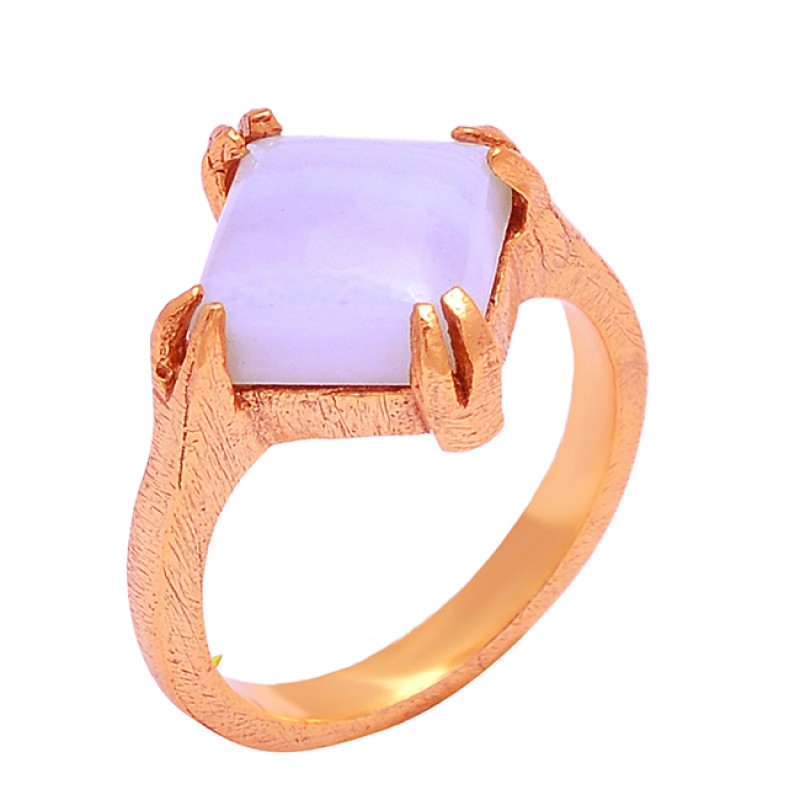 Cabochon Square Blue Lace Agate Gemstone 925 Silver Gold Plated Ring Jewelry