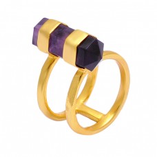 Amethyst Pencil Shape Gemstone 925 Silver Gold Plated Handmade Ring