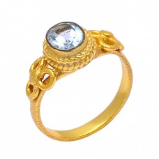 Oval Shape Blue Topaz Gemstone 925 Sterling Silver Gold Plated Ring Jewelry