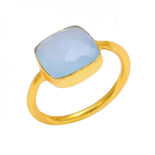 925 Sterling Silver Cushion Shape Chalcedony Gesmtone Gold Plated Ring