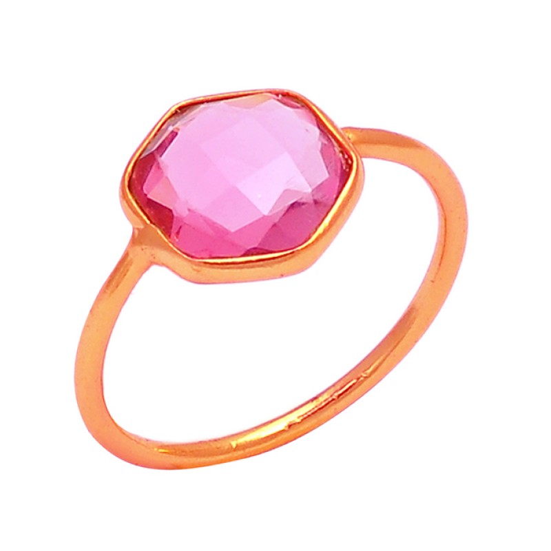 Pink Quartz Hexagon Shape Gemstone 925 Sterling Silver Gold Plated Ring