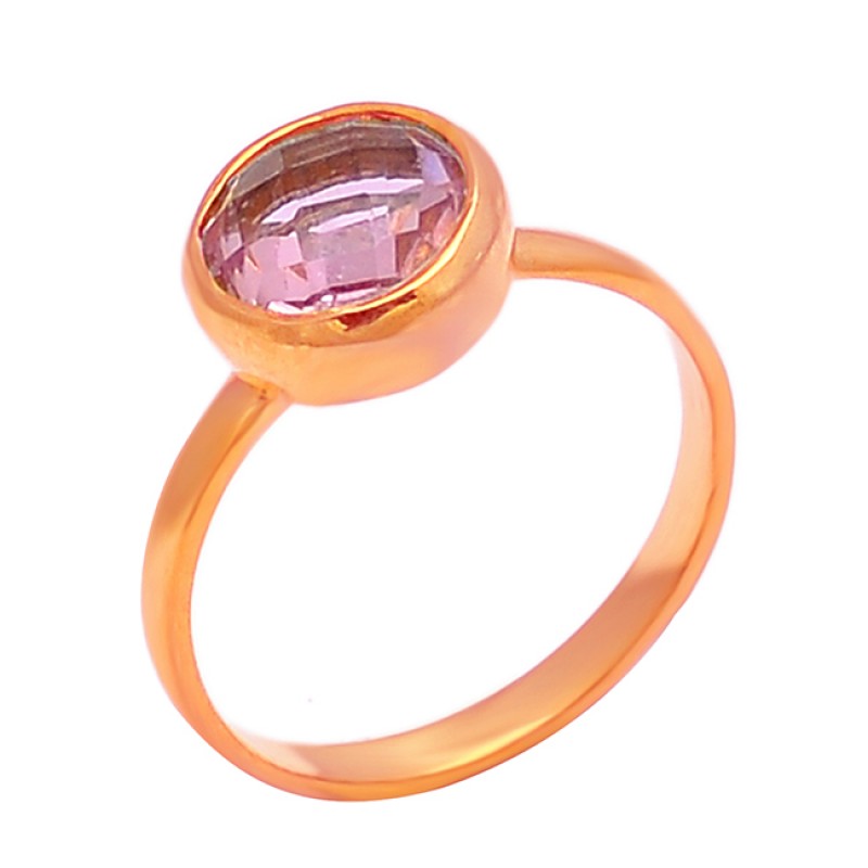Pink Quartz Round Shape Gemstone 925 Sterling Silver Gold Plated Ring Jewelry