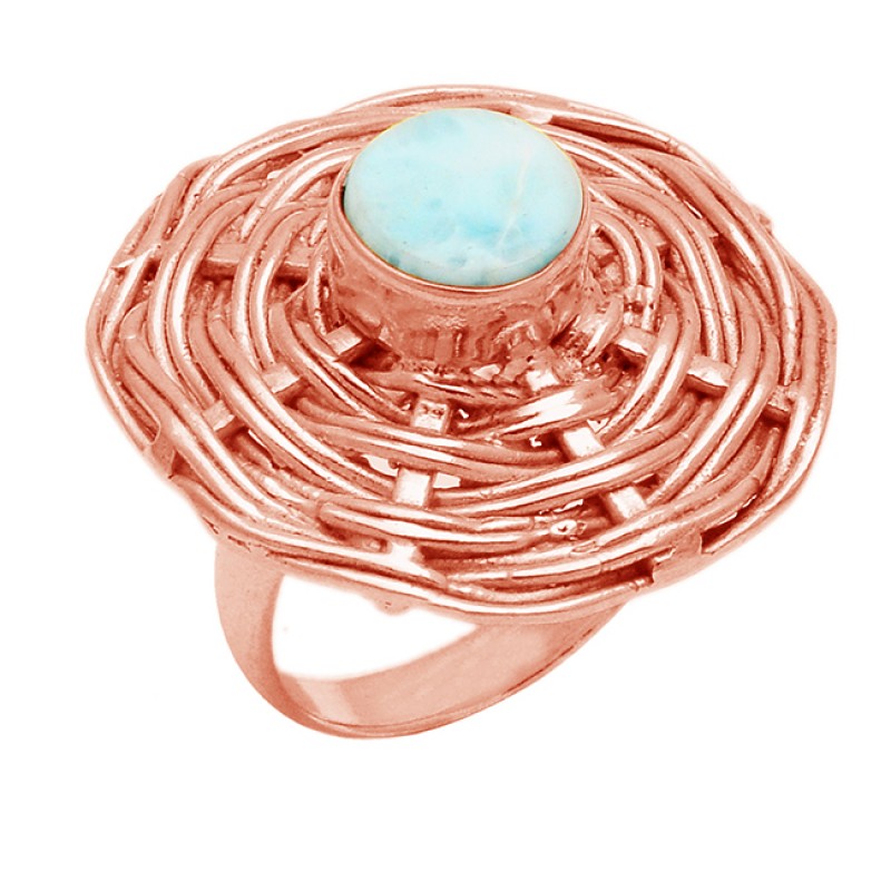 Blue Larimar Gemstone Round shape 925 sterling Silver Gold Plated Rings Jewelry