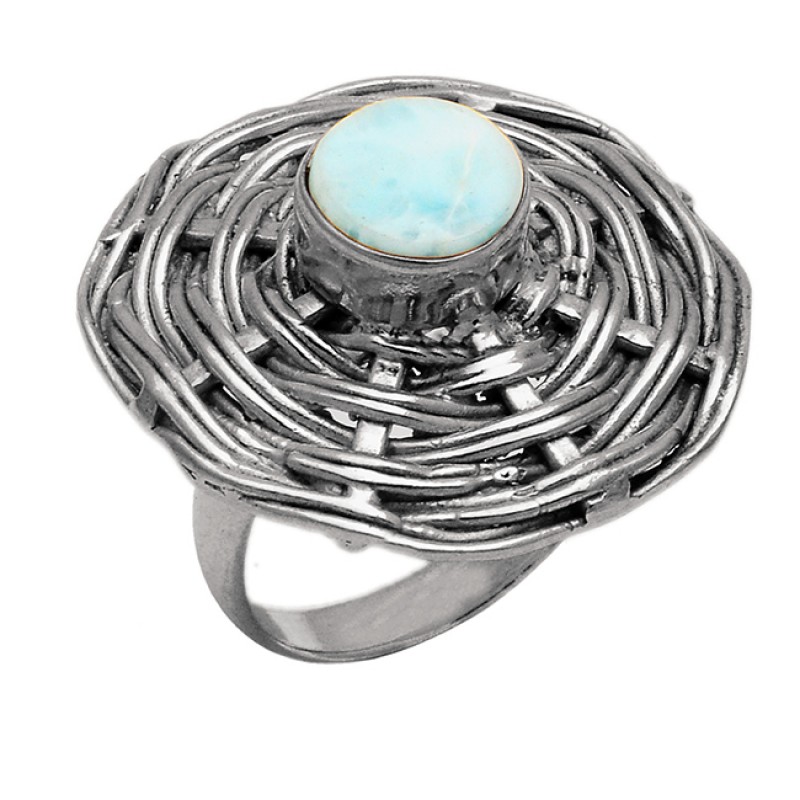 Blue Larimar Gemstone Round shape 925 sterling Silver Gold Plated Rings Jewelry