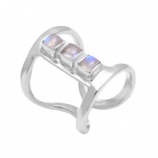 Cabochon Square Rainbow Moonstone 925 Sterling Silver band Style Ring Jewelry