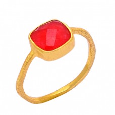 Cushion Shape Red Onyx Gemstone 925 Sterling Silver Gold Plated Ring Jewelry