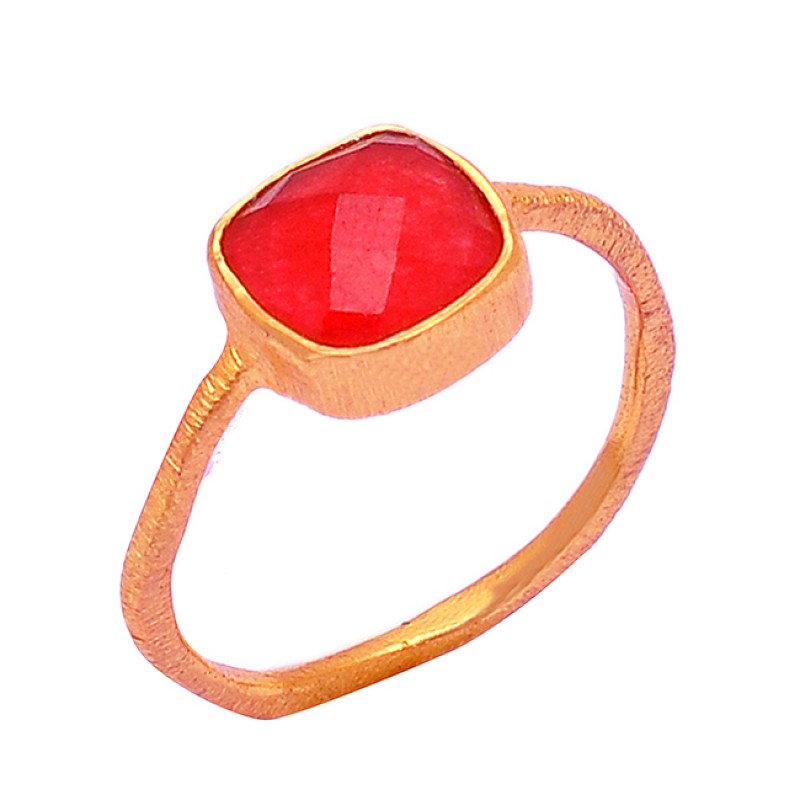 Cushion Shape Red Onyx Gemstone 925 Sterling Silver Gold Plated Ring Jewelry