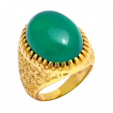 Green Onyx Cabochon Oval Shape Gemstone 925 Silver Gold Plated Vintage Designer Ring