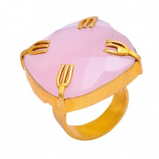 925 Sterling Silver Cushion Shape Rose Chalcedony Gemstone Gold Plated Ring