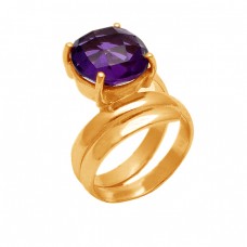 Designer Amethyst Gemstone Round Shape 925 Sterling Silver Gold Plated Bands Rings Jewelry