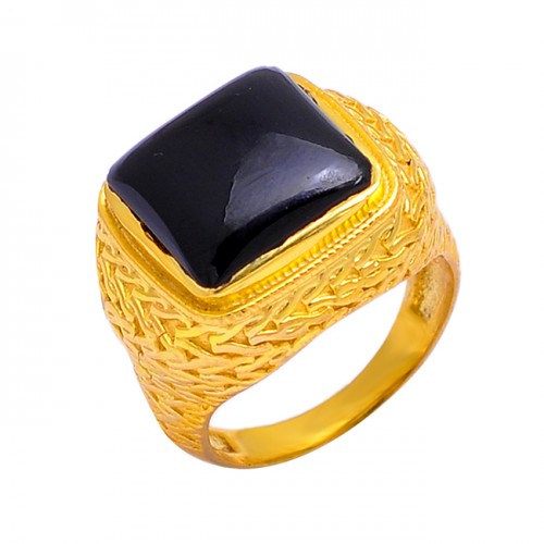 925 Sterling Silver Cabochon Square Shape Black Onyx Gemstone Gold Plated Ring