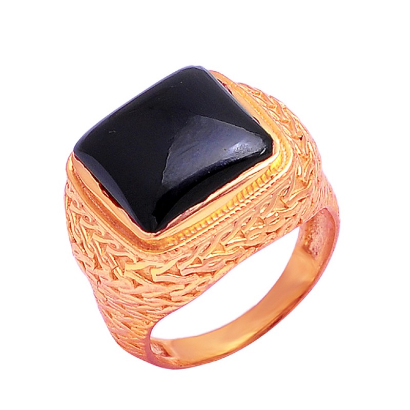 925 Sterling Silver Cabochon Square Shape Black Onyx Gemstone Gold Plated Ring