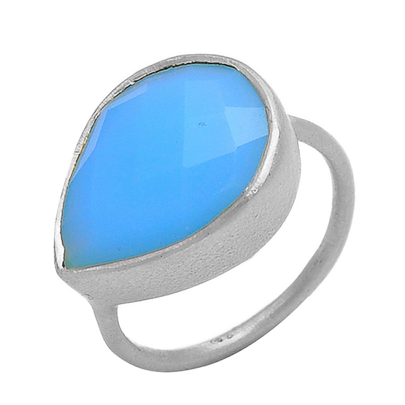 925 Sterling Silver Blue Chalcedony Pear Shape Gemstone Gold Plated Ring
