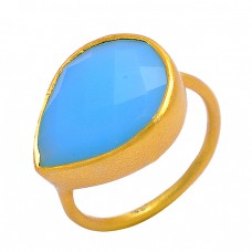 925 Sterling Silver Blue Chalcedony Pear Shape Gemstone Gold Plated Ring