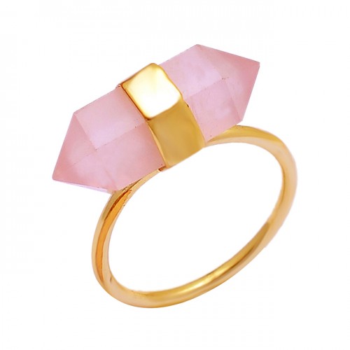 Rose Quartz Pencil Shape Gemstone 925 Sterling Silver Gold Plated Ring Jewelry