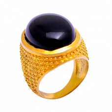 925 Sterling Silver Oval Cabochon Black Onyx Gemstone Gold Plated Designer Ring