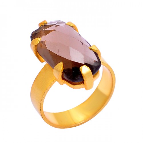 925 Sterling Silver Smoky Quartz Oval Shape Gemstone Gold Plated Ring  Jewelry