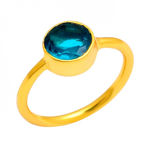 Blue Quartz Round Shape Gemstone 925 Sterling Silver Gold Plated Ring Jewelry