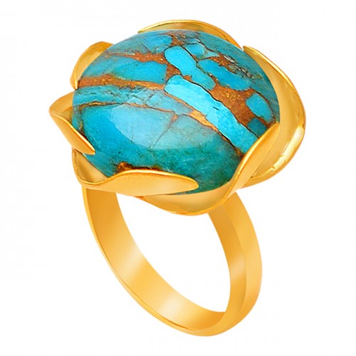 Round Cabochon Blue Copper Turquoise Gemstone Handmade 925 Sterling Silver Gold Plated Ring