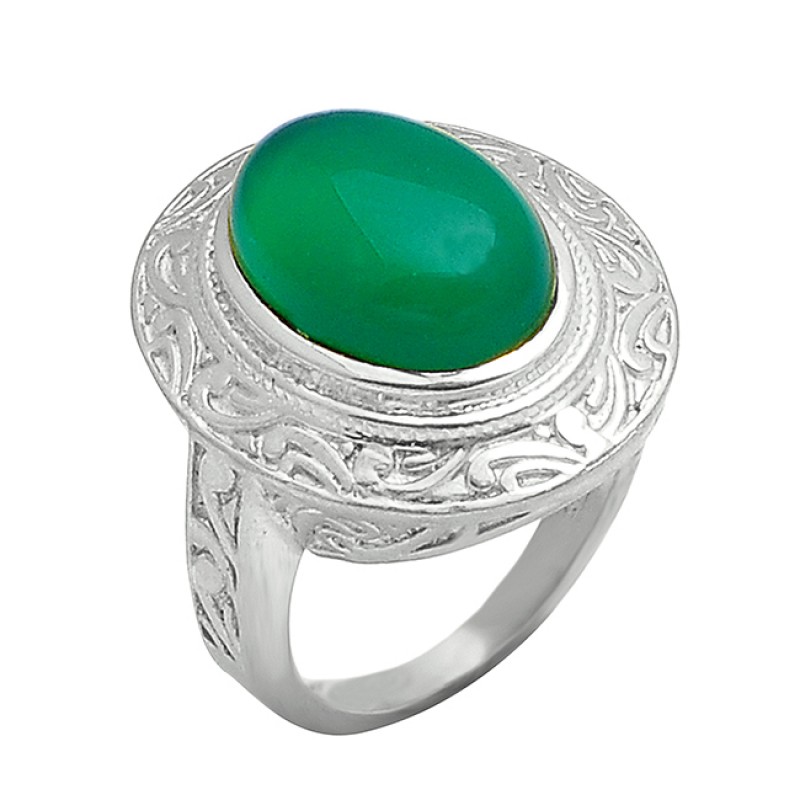 925 Sterling Silver Green Onyx Oval Cabochon Gemstone Attractive Gold Plated Ring