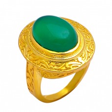 925 Sterling Silver Green Onyx Oval Cabochon Gemstone Attractive Gold Plated Ring