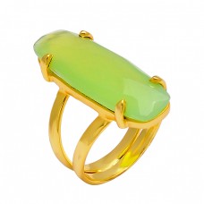 Prehinite Chalcedony Rectangle Shape Gemstone 925 Silver Gold Plated Ring Jewelry