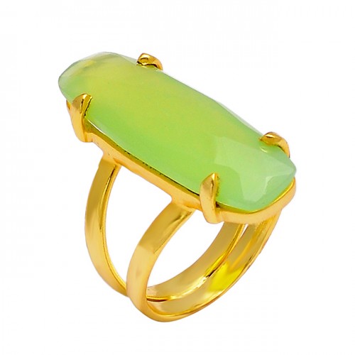 Prehinite Chalcedony Rectangle Shape Gemstone 925 Silver Gold Plated Ring Jewelry