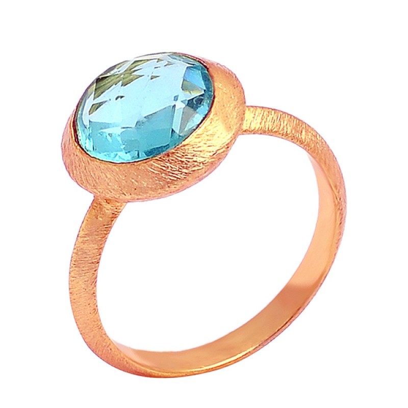 Blue Topaz Round Shape Gemstone 925 Sterling Silver Gold Plated Ring Jewelry