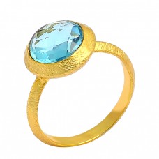 Blue Topaz Round Shape Gemstone 925 Sterling Silver Gold Plated Ring Jewelry