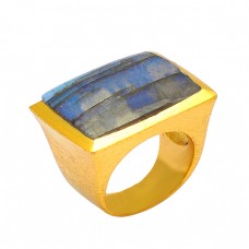 Rectangle Shape Labradorite Gemstone 925 Silver Gold Plated Designer Ring Jewelry