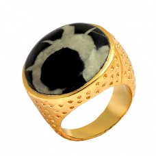 Round Shape Septarian Gemstone 925 Sterling Silver Gold Plated Designer Ring Jewelry