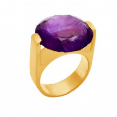 Round Shape Purple Amethyst Gemstone 925 Sterling Silver Gold Plated Ring Jewelry