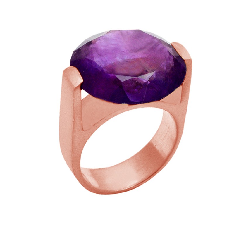 Round Shape Purple Amethyst Gemstone 925 Sterling Silver Gold Plated Ring Jewelry