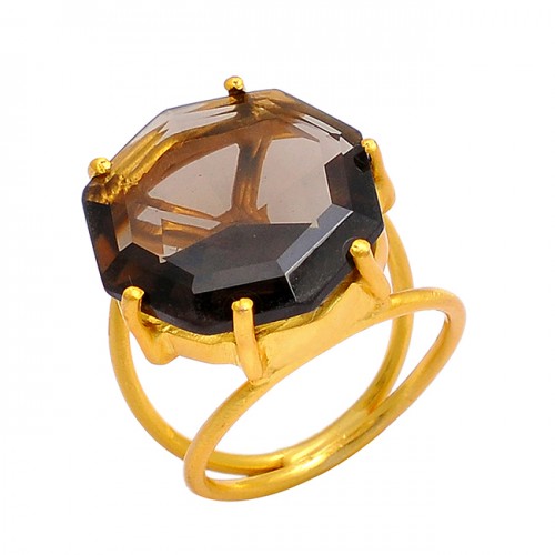 Hexagon Shape Smoky Quuartz Gemstone 925 Sterling Silver Gold Plated Ring