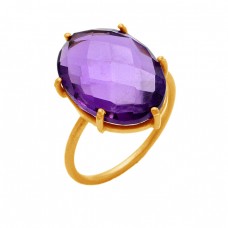 Natural Amethyst Briolette Oval Gemstone 925 Sterling Silver Gold Plated Jewelry Ring