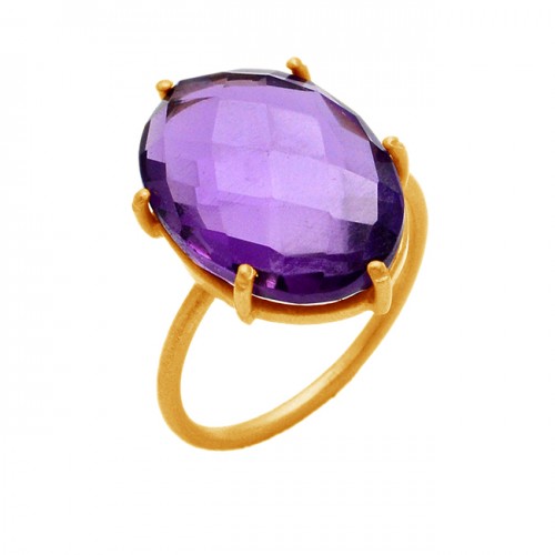 Natural Amethyst Briolette Oval Gemstone 925 Sterling Silver Gold Plated Jewelry Ring