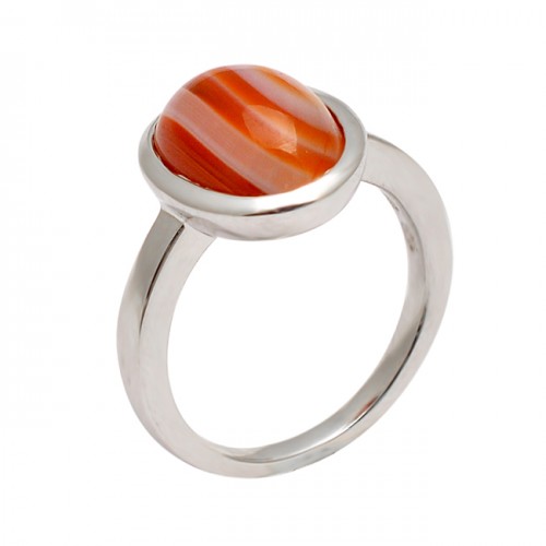 Oval Cabochon Orange Banded Agate Gemstone 925 Sterling Silver Designer Ring