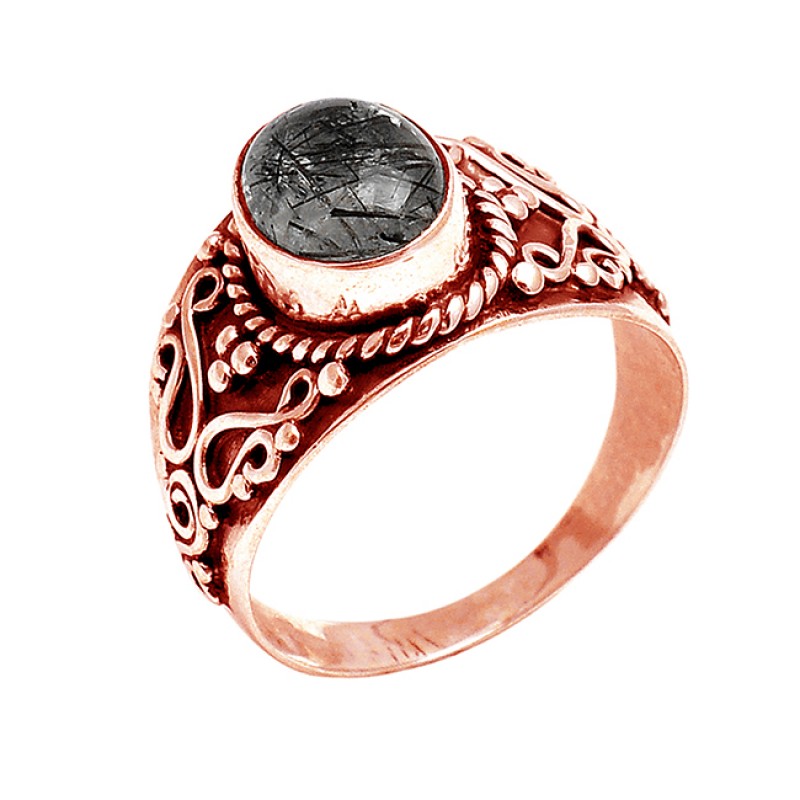 Oval Cabochon Black Rutile Quartz Gemstone 925 Silver Black Oxidized Ring Jewelry