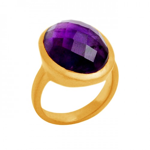 Natural Purple Amethyst 925 Sterling Silver Gold Plated Designer Ring Jewelry