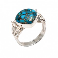 Heart Shape Cabochon Blue Copper Turquoise Gemstone 925 Sterling Silver Ring