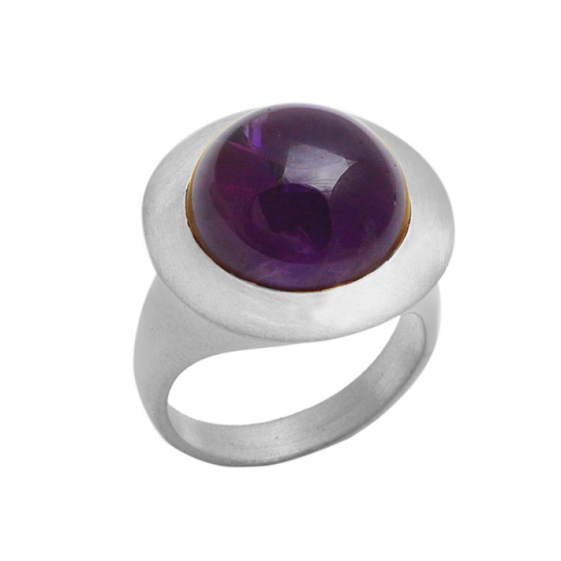 Highdoom Round Cabochon Amethyst Gemstone 925 Sterling Silver Gold Plated Ring Jewelry
