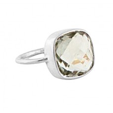 Cushion Shape Green Amethyst Gemstone 925 Sterling Silver Gold Plated Ring