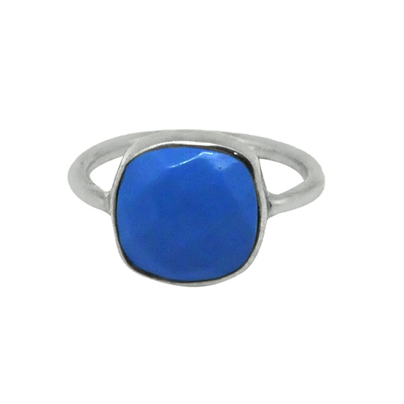 Cushion Shape Blue Chalcedony Gemstone 925 Sterling Silver Gold Plated Ring