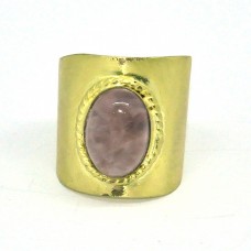 Oval Cabochon Rose Quartz Gemstone 925 Sterling Silver Gold Plated Designer Ring