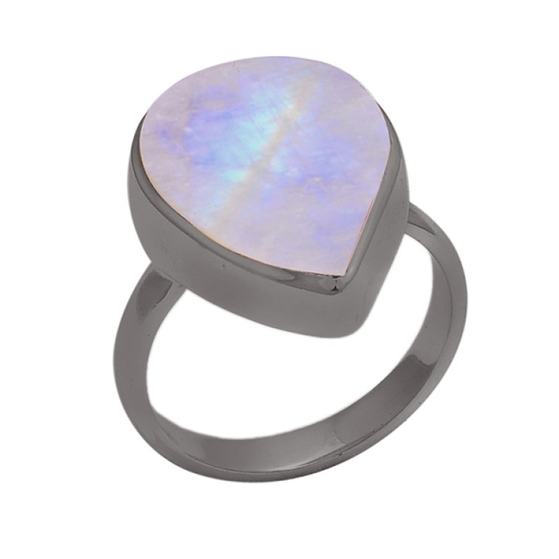 Pear Shape Rainbow Moonstone 925 Sterling Silver Gold Plated Ring 