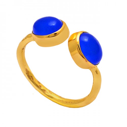 Oval Shape Blue Chalcedony Gemstone 925 Sterling Silver Gold Plated Ring 