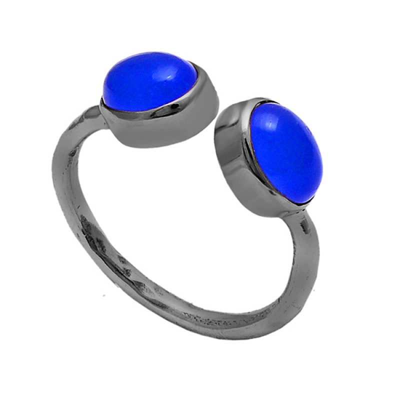 Oval Shape Blue Chalcedony Gemstone 925 Sterling Silver Gold Plated Ring 