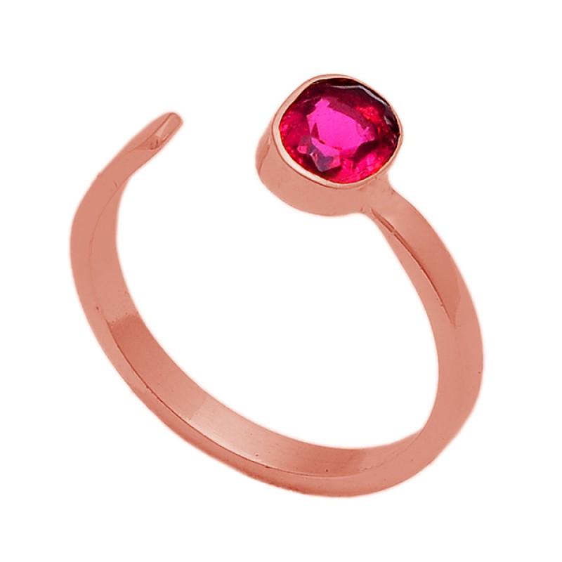 Oval Shape Pink Quartz Gemstone 925 Sterling Silver Gold Plated Ring