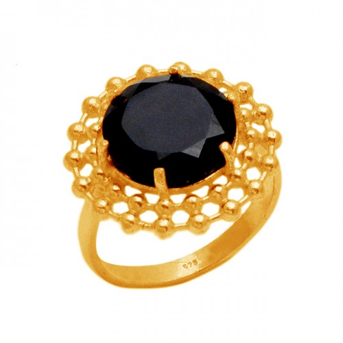 Round Black Onyx Gemstone Handmade Prong Setting 925 Sterling Silver Gold Plated Ring