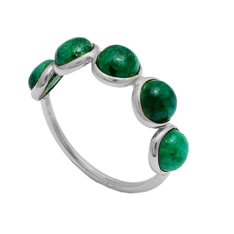 Round Cabochon Emerald Gemstone 925 Sterling Silver Gold Plated Ring